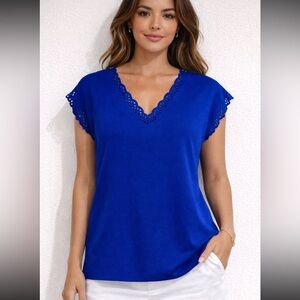SHEIN Royal Blue 💙 Eyelet Trim Blouse – Scalloped V-Neck Short Sleeve